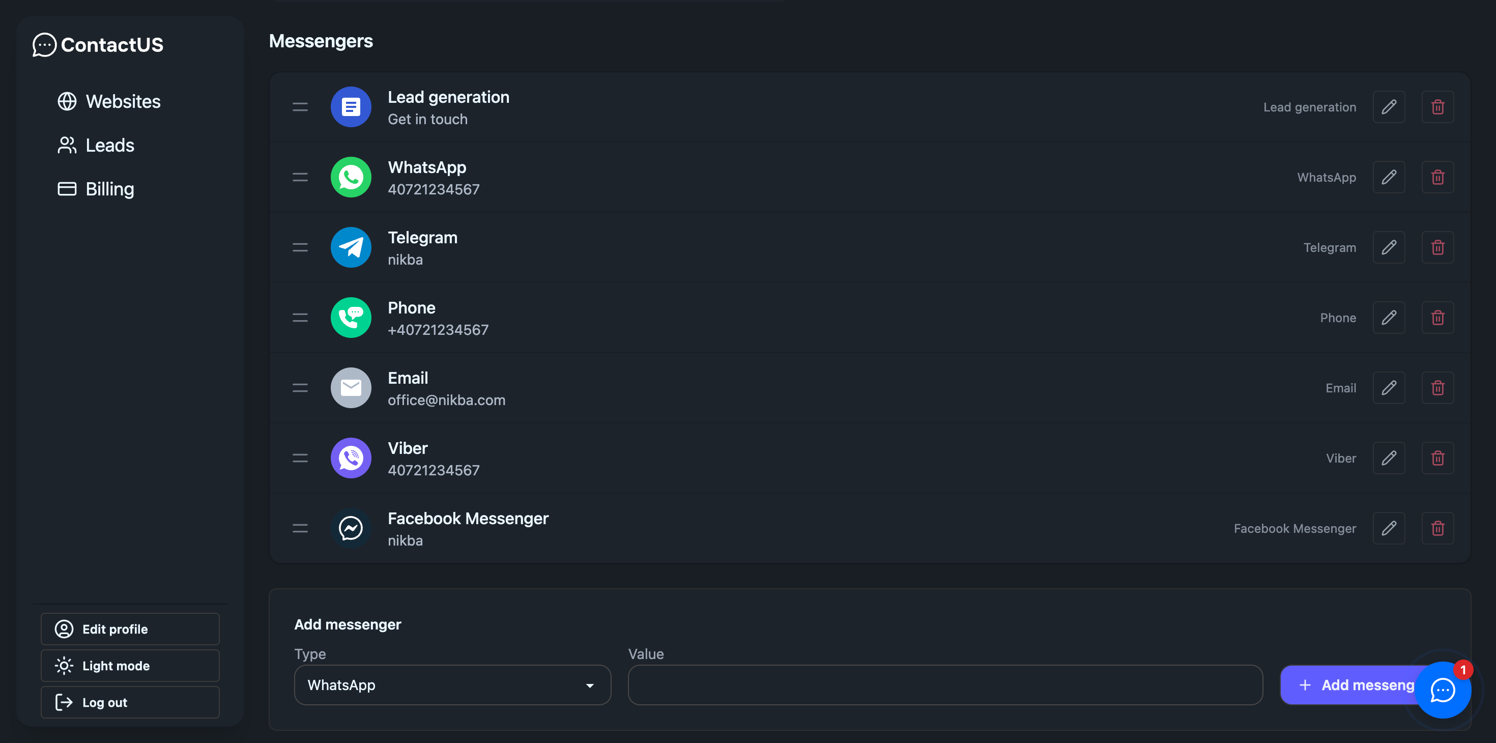 Contactus dashboard – messengers and settings